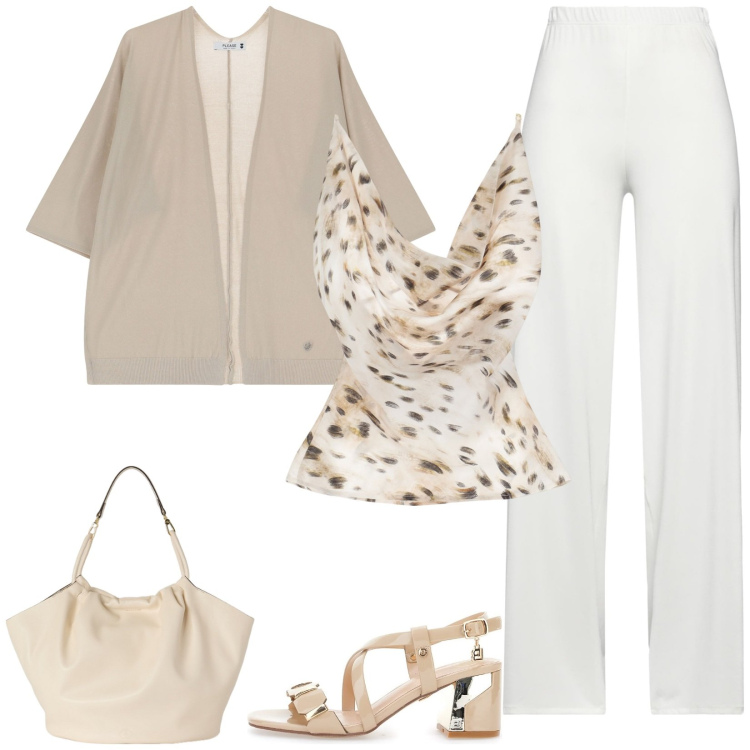 Outfit donna - Tempo libero. Stile Casual chic per Tutti i giorni. Abbinamento con pantaloni, top, cardigans, sandali col tacco, borse a secchiello.