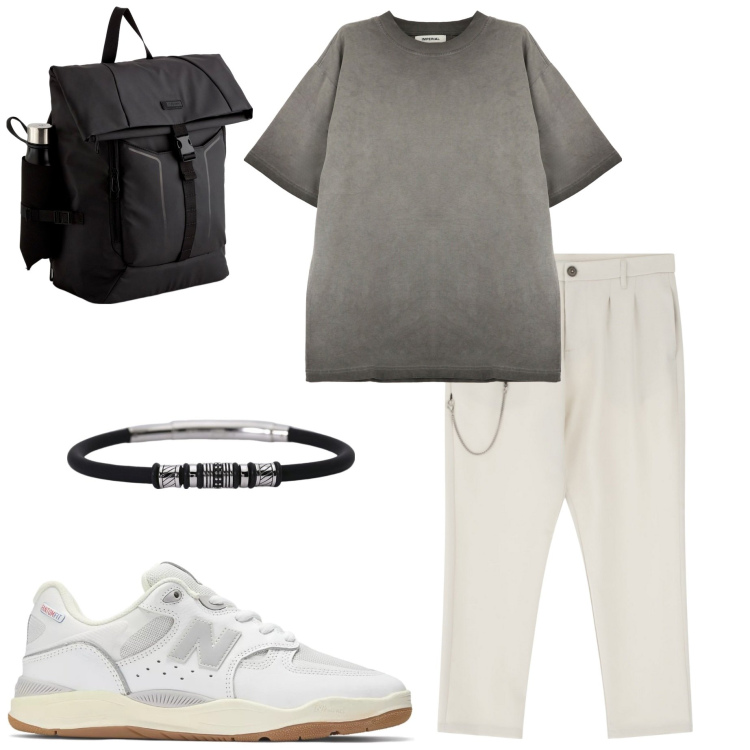 Outfit uomo - Casual style. Stile Casual per Tutti i giorni. Abbinamento con braccialetti, sneakers, pantaloni, t-shirt, borse sportive.