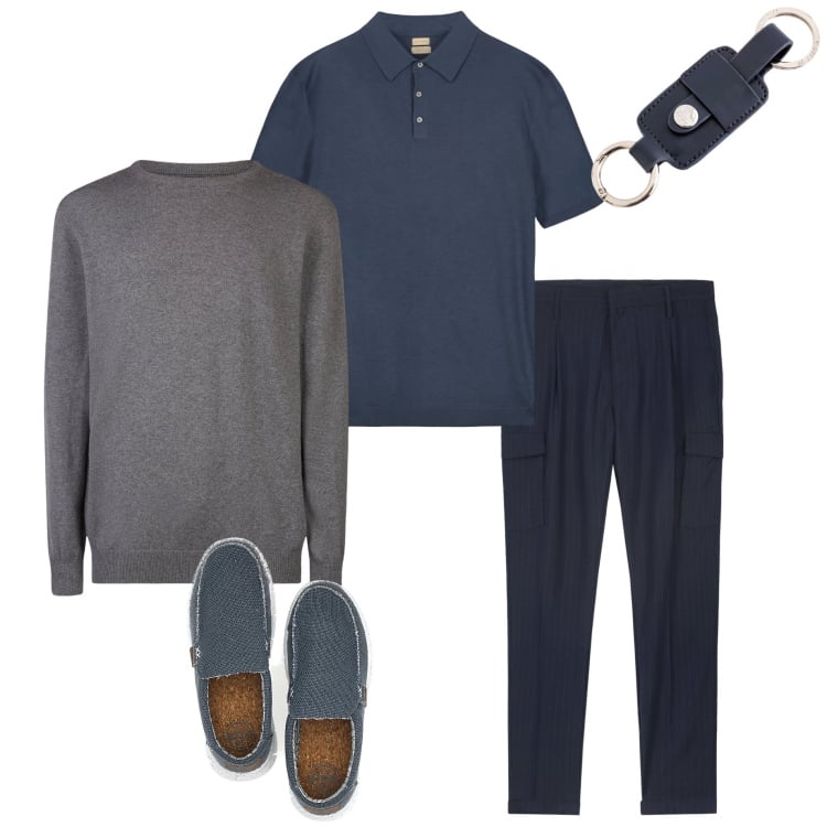 Outfit uomo - In ufficio. Stile Casual per Ufficio. Abbinamento con pantaloni cargo, scarpe stringate, maglieria, portachiavi, polo.