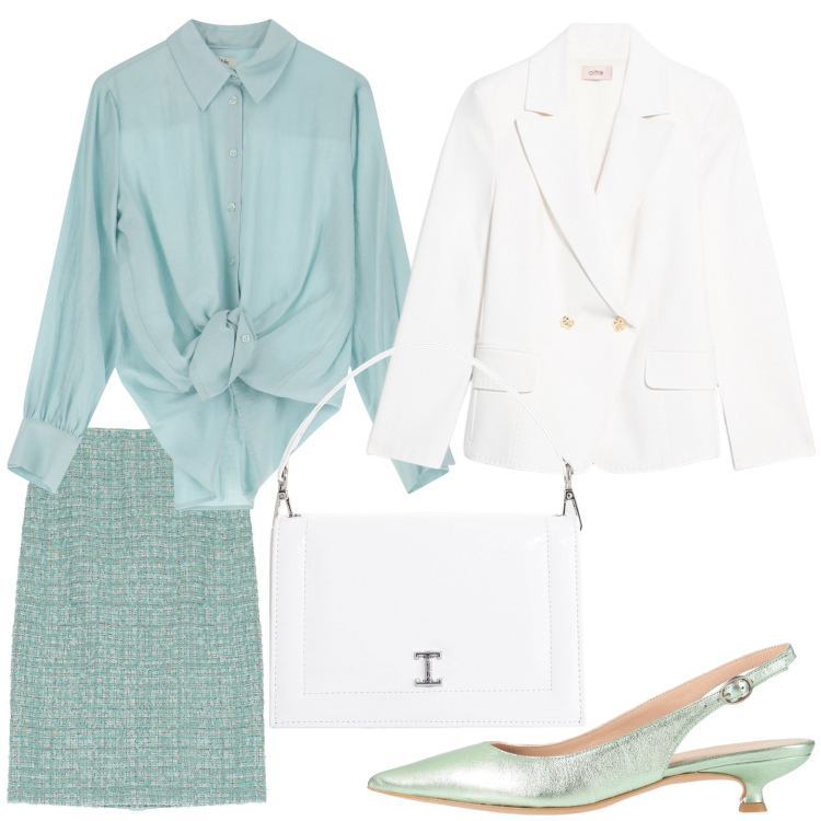 Outfit donna - Total look #2098862. Stile Glamour per Ufficio. Abbinamento con décolleté, borse a tracolla, gonne longuette, camicie, blazer.