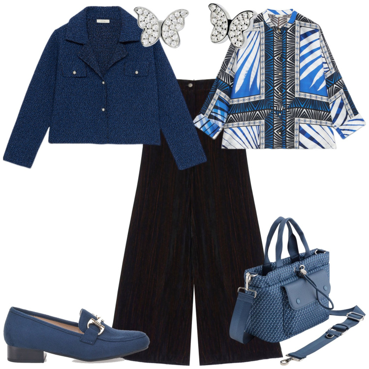 Outfit donna - In ufficio con stile. Stile Casual chic per Ufficio. Abbinamento con orecchini, pantaloni a palazzo, mocassini, camicie, borse a mano, blazer.
