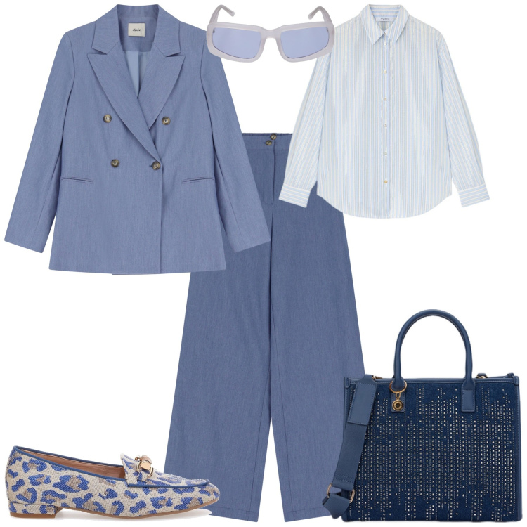 Outfit donna - In ufficio con stile. Stile Casual chic per Ufficio. Abbinamento con pantaloni, blazer, mocassini, camicie, borse a mano, occhiali da sole.