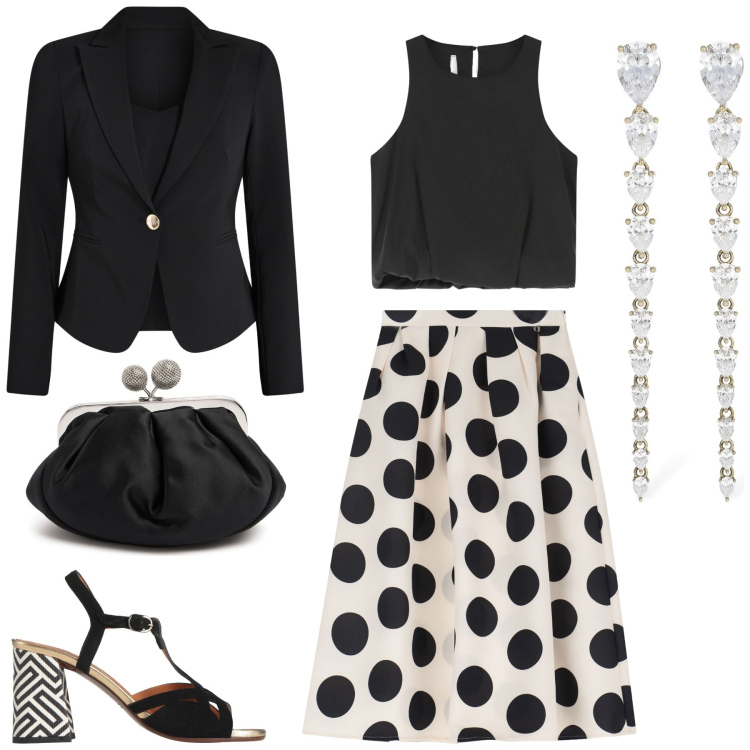 Outfit donna - Cerimonia a Pois. Stile Bon Ton per Cerimonia. Abbinamento con sandali in pelle, blazer, top, gonne longuette, pochette, orecchini.