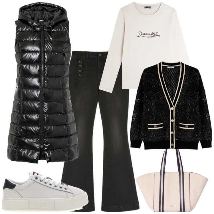 Outfit donna - In ufficio con stile. Stile Sporty chic per Ufficio. Abbinamento con gilet, t-shirt, sneakers, jeans, shopping bag, cardigans.