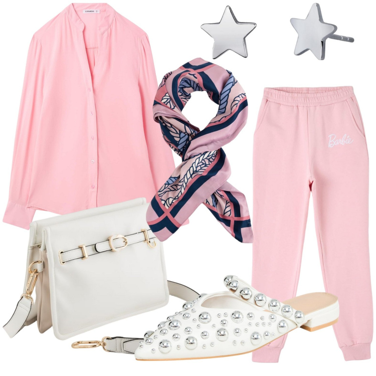 Outfit donna - Rosa Pastello. Stile Minimal per Tutti i giorni. Abbinamento con pantaloni, ballerine, camicie, orecchini, foulard, borse a tracolla.