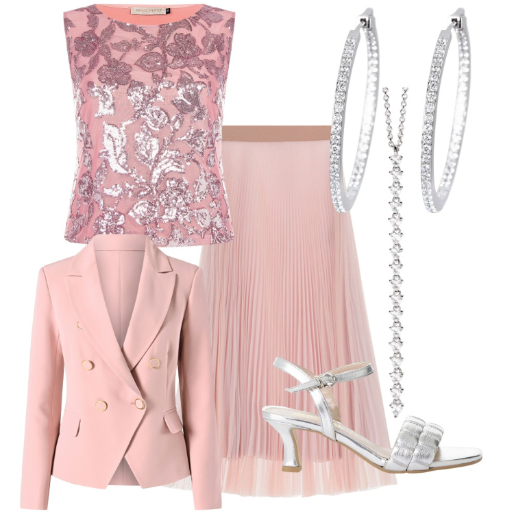 Outfit donna - Rosa e argento. Stile Romantica per Cerimonia. Abbinamento con gonne lunghe, sandali col tacco, ciondoli, orecchini, top, blazer.
