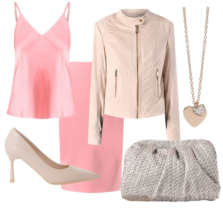 Outfit donna - Rosa e beige. Stile Casual chic per Cerimonia. Abbinamento con gonne, blazer, clutch, top, ciondoli, décolleté.