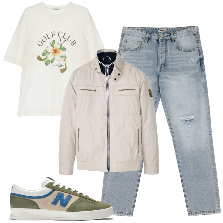 Outfit uomo - Aprile pazzerello. Stile Casual per Tutti i giorni. Abbinamento con giacche, sneakers, jeans strappati, t-shirt.