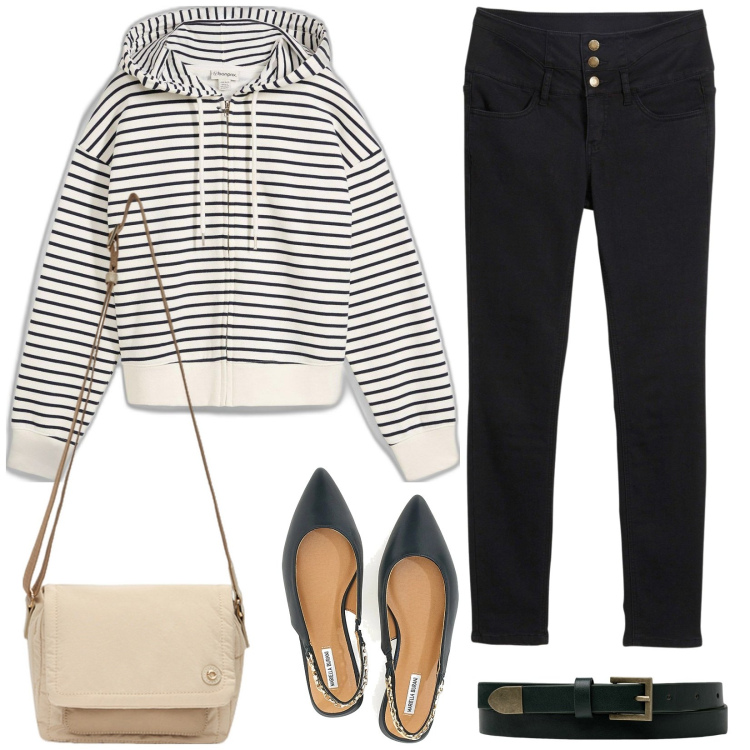 Outfit donna - La felpa con il cappuccio. Stile Casual per Scuola/Università. Abbinamento con jeans skinny, felpe con cappuccio, ballerine, cinture, borse a tracolla.