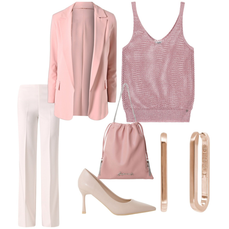 Outfit donna - Total look #2098912. Stile Sporty chic per Serata fuori. Abbinamento con orecchini, pantaloni a palazzo, blazer, canottiere, borse a secchiello, décolleté.