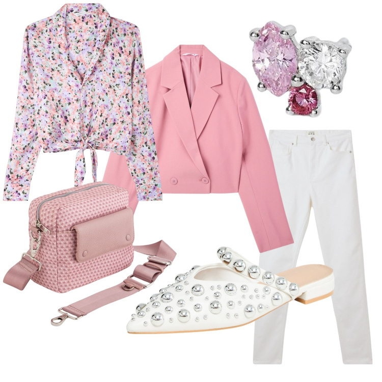 Outfit donna - Casual pink. Stile Casual per Tutti i giorni. Abbinamento con ballerine, pantaloni skinny, blazer, camicie, orecchini, borse a tracolla.