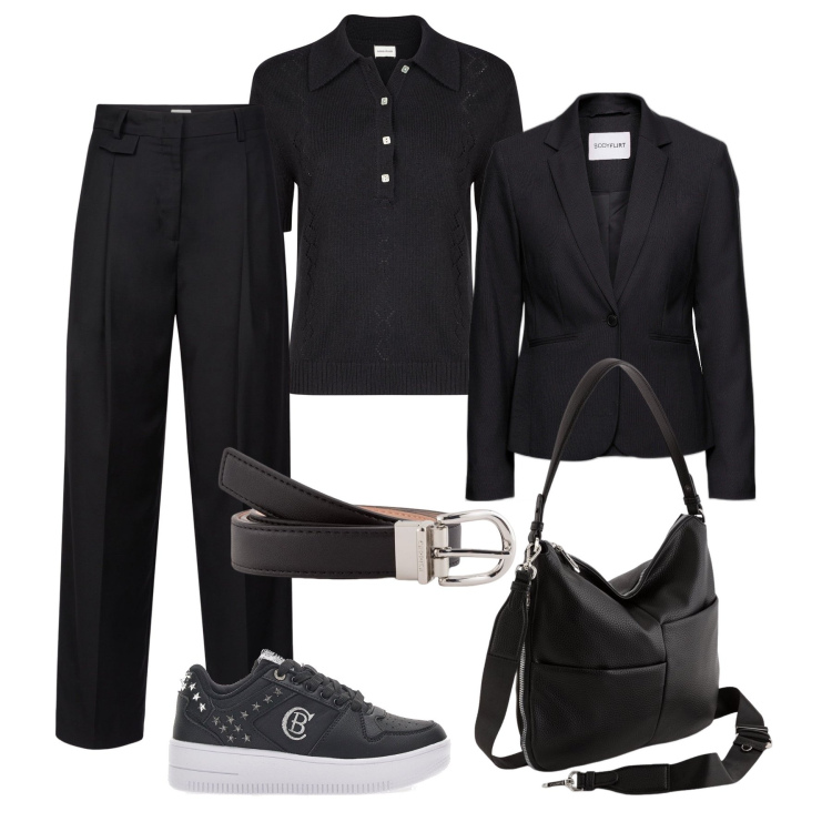 Outfit donna - Total black al lavoro. Stile Casual chic per Ufficio. Abbinamento con blazer, polo, sneakers, pantaloni, borse a tracolla, cinture.