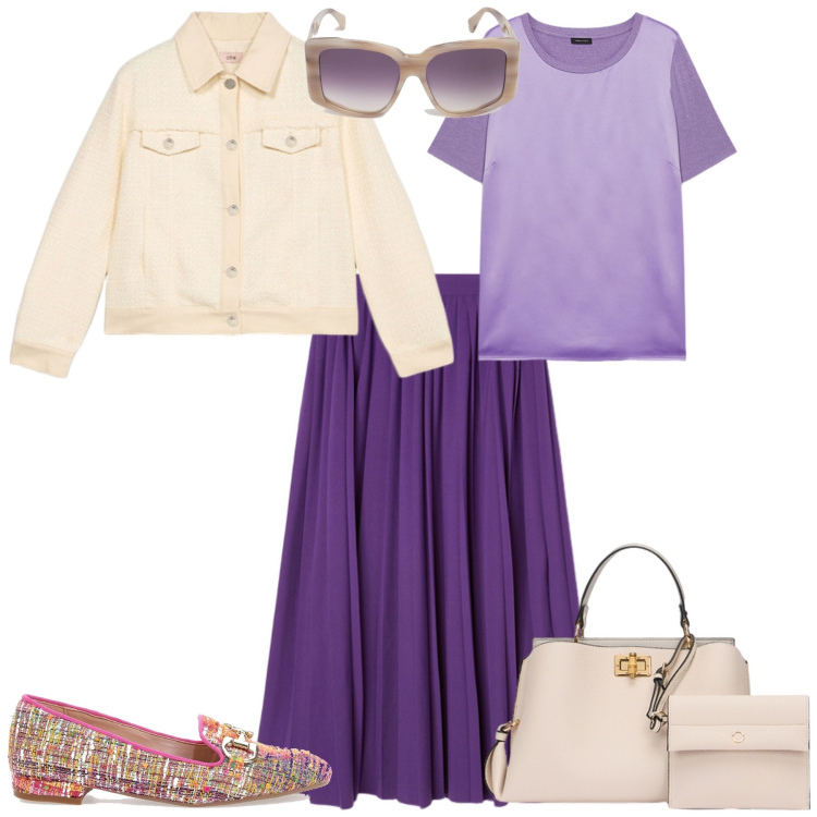 Outfit donna - Total look #2098918. Stile Casual chic per Tutti i giorni. Abbinamento con mocassini, t-shirt, gonne longuette, blazer, occhiali da sole, borse a mano.