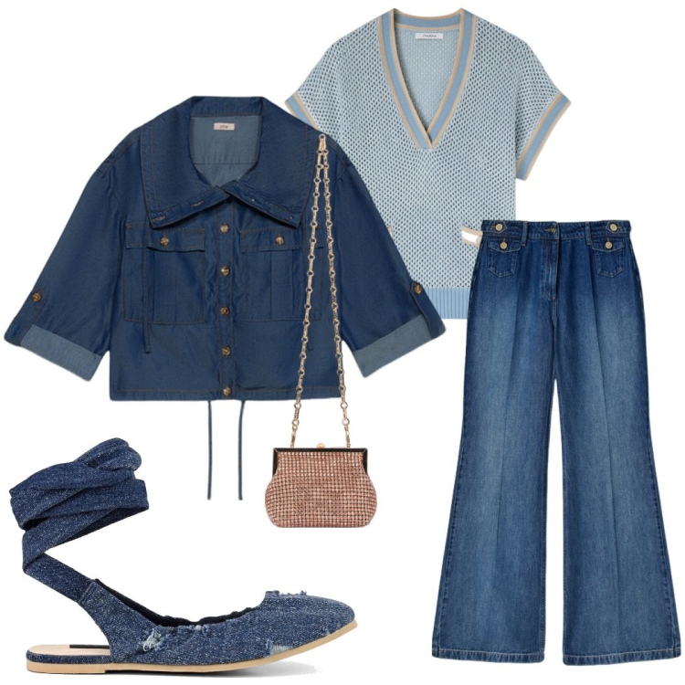 Outfit donna - Ballerine in primavera. Stile Casual chic per Serata fuori. Abbinamento con ballerine, maglieria, jeans, blazer, clutch.