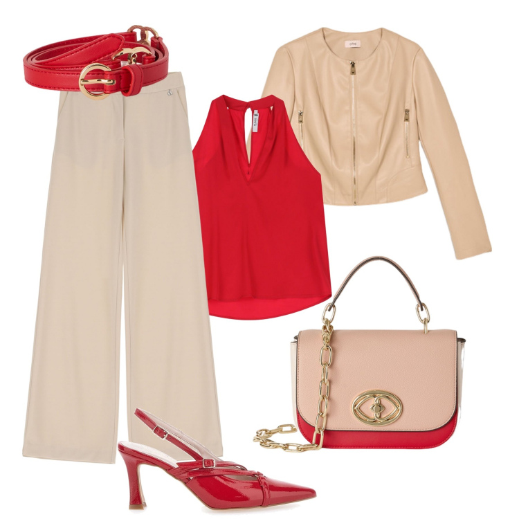 Outfit donna - Serata nude e rosso festivo. Stile Glamour per Serata fuori. Abbinamento con top, pantaloni, décolleté, giacche, borse a tracolla, cinture.