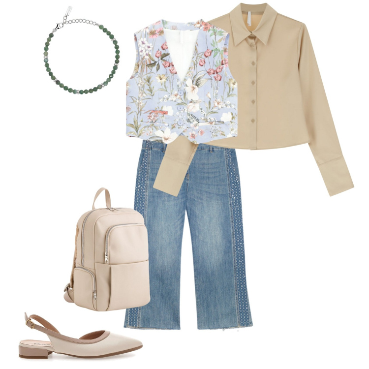 Outfit donna - Spring Bon ton. Stile Bon Ton per Serata fuori. Abbinamento con braccialetti, camicie, gilet, jeans strappati, ballerine, zaini.