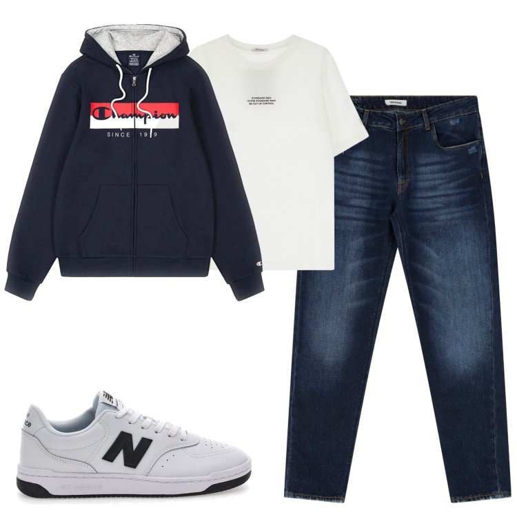 Outfit uomo - Weekend. Stile Casual per Tutti i giorni. Abbinamento con t-shirt, jeans dritti, felpe con cappuccio, sneakers.