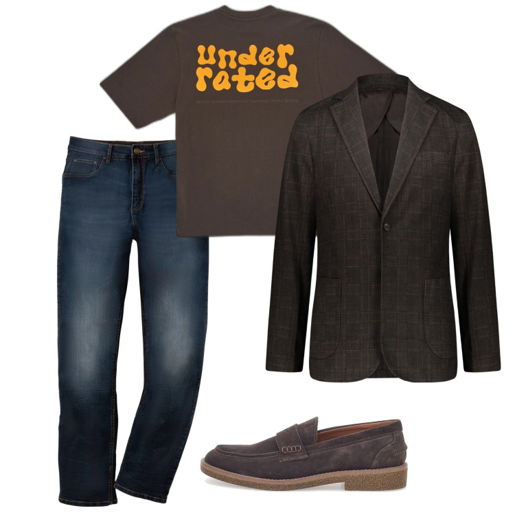 Outfit uomo - Chocolat. Stile Casual per Tutti i giorni. Abbinamento con jeans dritti, giacche, scarpe stringate, t-shirt.