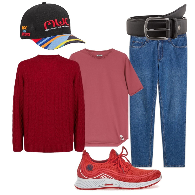 Outfit uomo - Camminata in solitaria. Stile Casual per Tutti i giorni. Abbinamento con jeans dritti, cappelli, t-shirt, sneakers, maglieria, cinture.