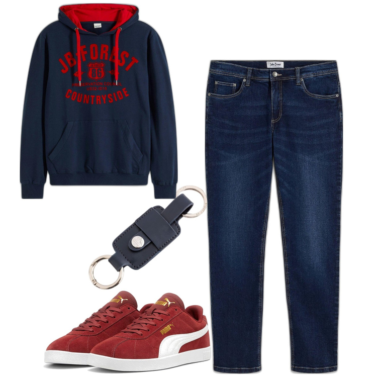 Outfit uomo - City. Stile Casual per Tutti i giorni. Abbinamento con felpe con cappuccio, jeans dritti, sneakers, portachiavi.