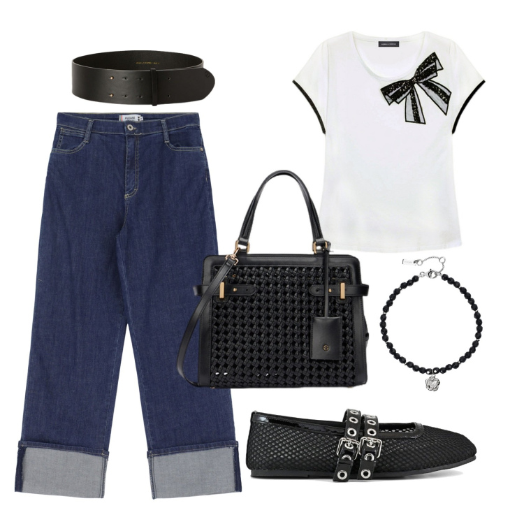 Outfit donna - In love with ballerine. Stile Urban per Tutti i giorni. Abbinamento con braccialetti, jeans, ballerine, t-shirt, borse a mano, cinture.