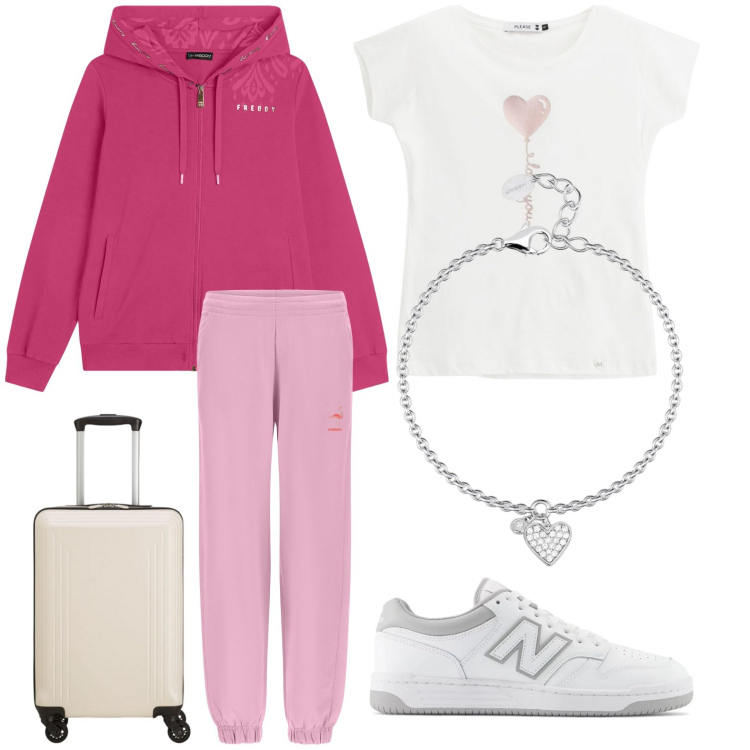 Outfit donna - In viaggio con il rosa. Stile Sporty chic per Tutti i giorni. Abbinamento con braccialetti con ciondoli, sneakers, t-shirt, felpe con cappuccio, pantaloni, valigie.