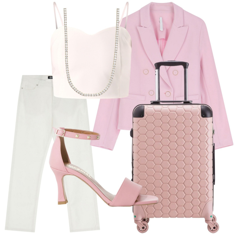 Outfit donna - Rosa Pastello. Stile Glamour per Tutti i giorni. Abbinamento con canottiere, collane, blazer, sandali col tacco, pantaloni, valigie.
