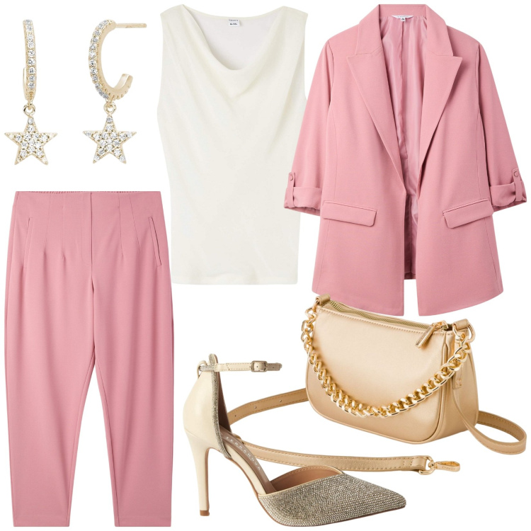 Outfit donna - Completo rosa. Stile Chic per Serata fuori. Abbinamento con décolleté, top, blazer, pantaloni chino, orecchini, borse a tracolla.