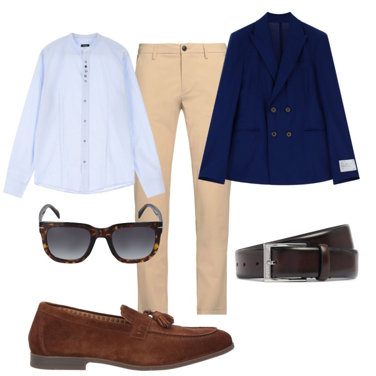 Outfit uomo - La leggerezza primaverile. Stile Business/Elegante per Ufficio. Abbinamento con scarpe stringate, pantaloni chino, camicie, giacche, occhiali da sole, cinture.