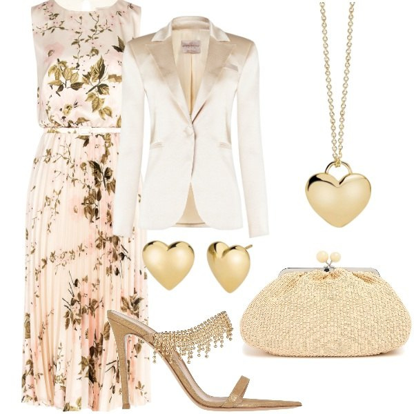 Outfit donna - Matrimonio in vista. Stile Glamour per Cerimonia. Abbinamento con sandali in pelle, orecchini, collane, vestiti midi/longuette, blazer, pochette.