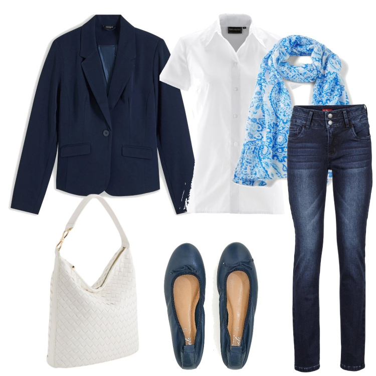 Outfit donna - Università. Stile Casual per Tutti i giorni. Abbinamento con jeans, blazer, camicie a manica corta, sciarpe, ballerine, borse a tracolla.