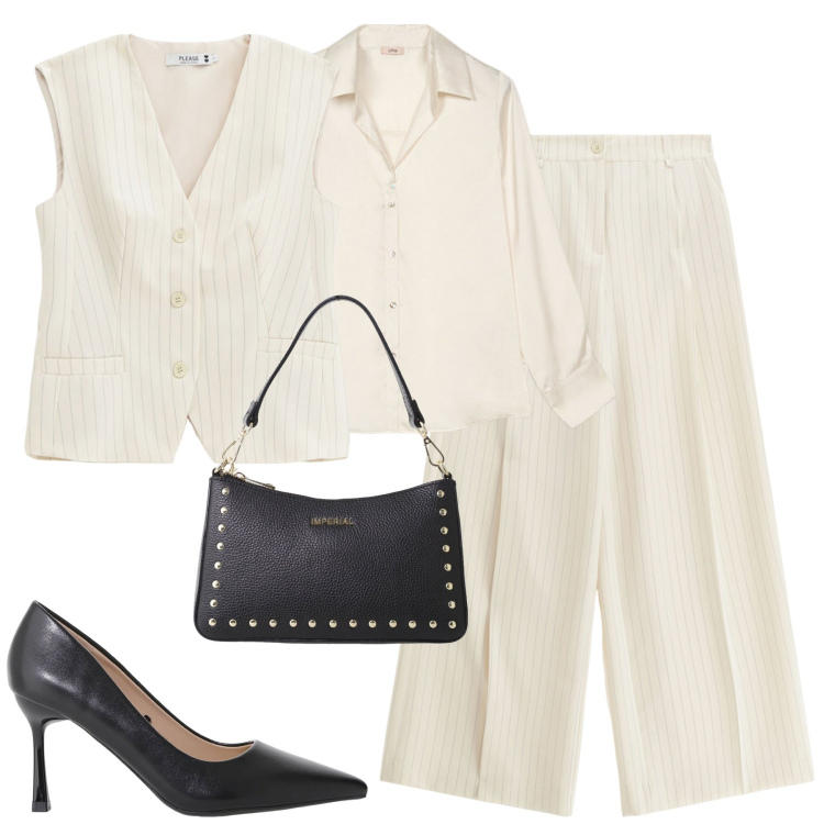Outfit donna - Monochrome. Stile Trendy per Tutti i giorni. Abbinamento con pantaloni a palazzo, gilet, décolleté, borse a spalla, camicie.
