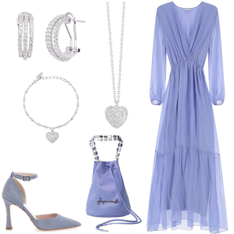 Outfit donna - Cerimonia. Stile Chic per Cerimonia. Abbinamento con orecchini, braccialetti, collane, borse a secchiello, vestiti lunghi, décolleté.