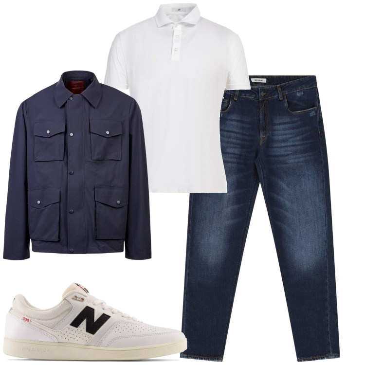 Outfit uomo - Aprile. Stile Casual per Tutti i giorni. Abbinamento con polo, sneakers, jeans dritti, giacche.