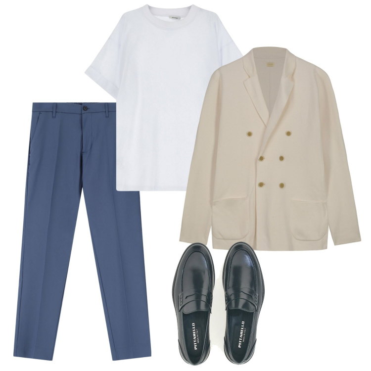 Outfit uomo - Aprile. Stile Casual per Tutti i giorni. Abbinamento con pantaloni, t-shirt, scarpe stringate, cardigans.