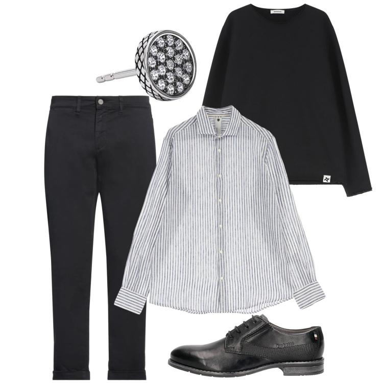 Outfit uomo - All black. Stile Urban per Serata speciale. Abbinamento con pantaloni chino, orecchini, felpe, camicie, scarpe stringate.