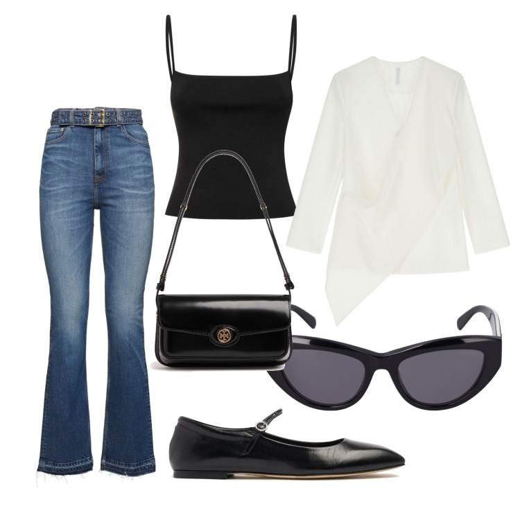 Outfit donna - Colazione da Tiffany. Stile Casual chic per Tutti i giorni. Abbinamento con blazer, occhiali da sole, ballerine, borse a spalla, jeans dritti, top.