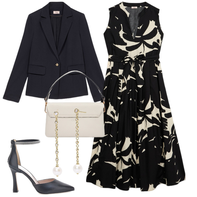 Outfit donna - Cerimonia. Stile Chic per Cerimonia. Abbinamento con orecchini, décolleté, vestiti lunghi, blazer, borse a tracolla.