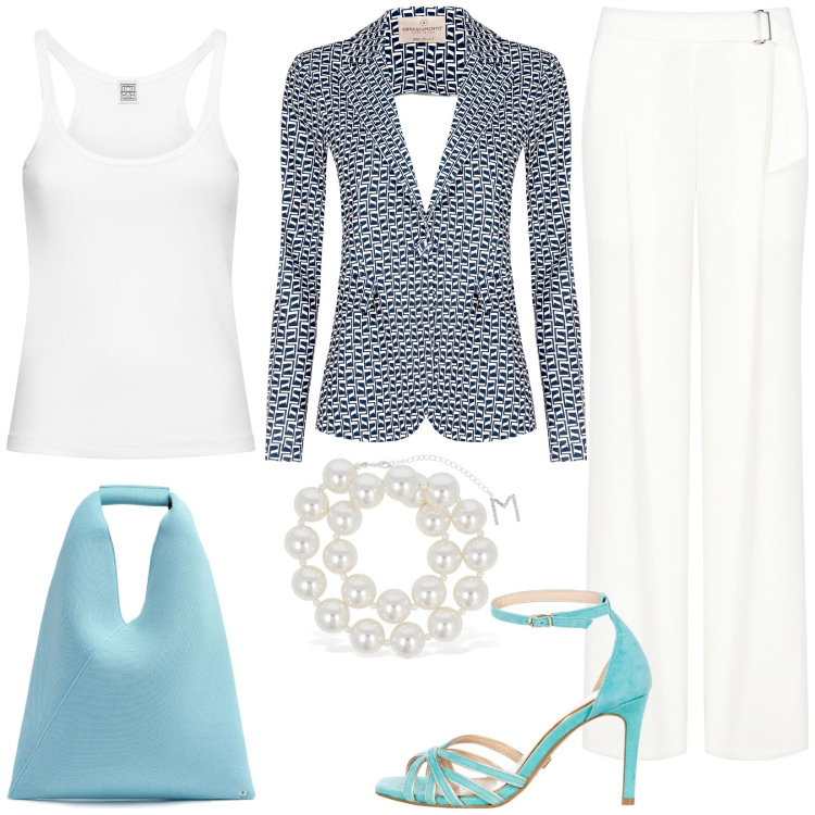 Outfit donna - Glamour. Stile Glamour per Cerimonia. Abbinamento con blazer, sandali col tacco, pantaloni, borse a mano, collane, canottiere.