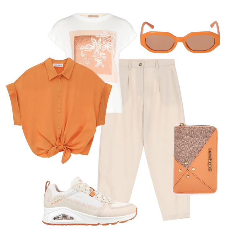 Outfit donna - Tempo libero arancio e panna. Stile Urban per Tutti i giorni. Abbinamento con t-shirt, pantaloni, camicie a manica corta, sneakers, portafogli, occhiali da sole.