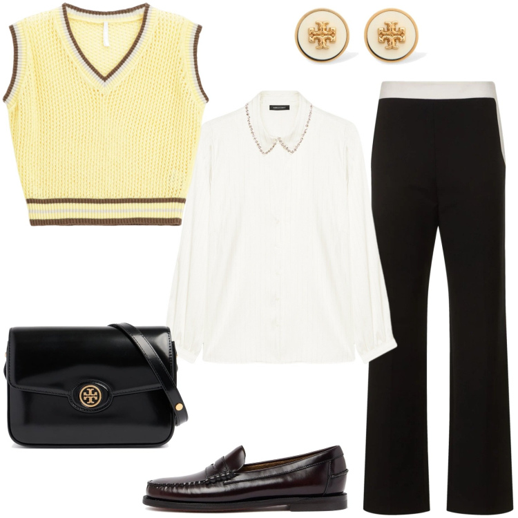 Outfit donna - Il gilet giallo pulcino. Stile Mannish per Ufficio. Abbinamento con maglieria, camicie, borse a spalla, mocassini, orecchini, pantaloni.