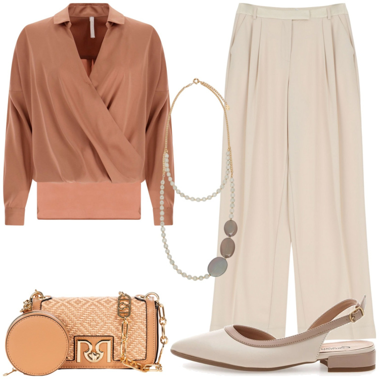 Outfit donna - Nuance calde. Stile Casual chic per Tutti i giorni. Abbinamento con borse a tracolla, pantaloni, bluse, ballerine, collane.