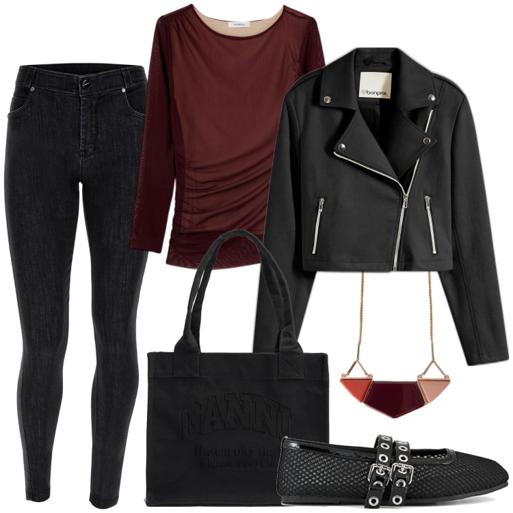 Outfit donna - Total look #2099011. Stile Rock per Tutti i giorni. Abbinamento con blazer, jeans skinny, ballerine, t-shirt, shopping bag, ciondoli.