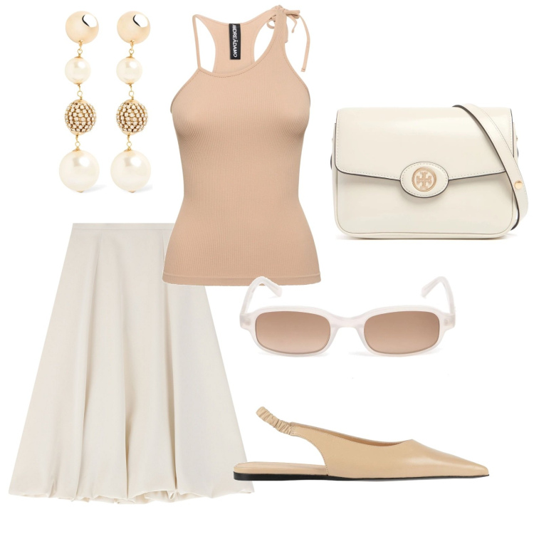 Outfit donna - Romantica primavera. Stile Chic per Serata fuori. Abbinamento con ballerine, gonne longuette, canottiere, orecchini, occhiali da sole, borse a spalla.