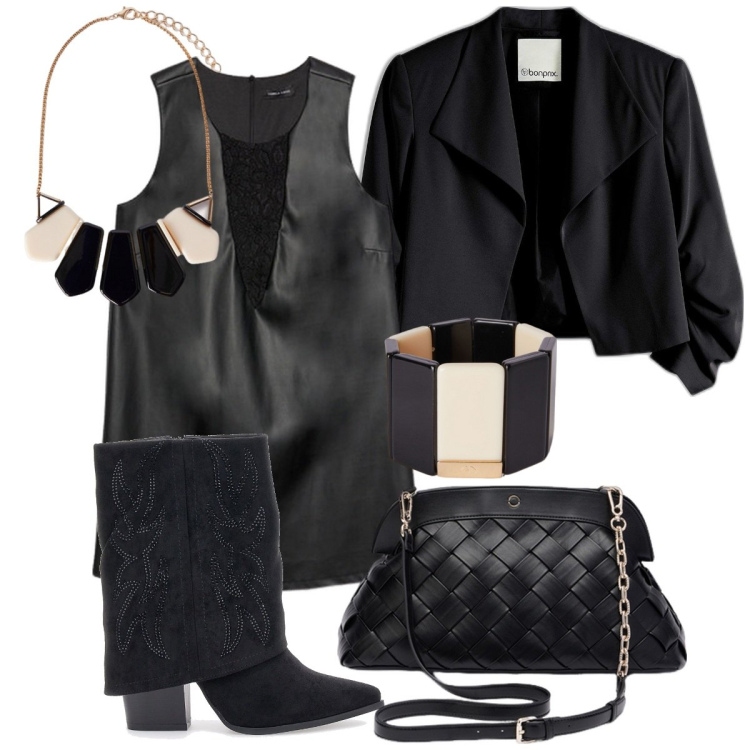 Outfit donna - Dark inside. Stile Casual chic per Tutti i giorni. Abbinamento con blazer, stivali, vestiti senza maniche, collane, braccialetti, clutch.
