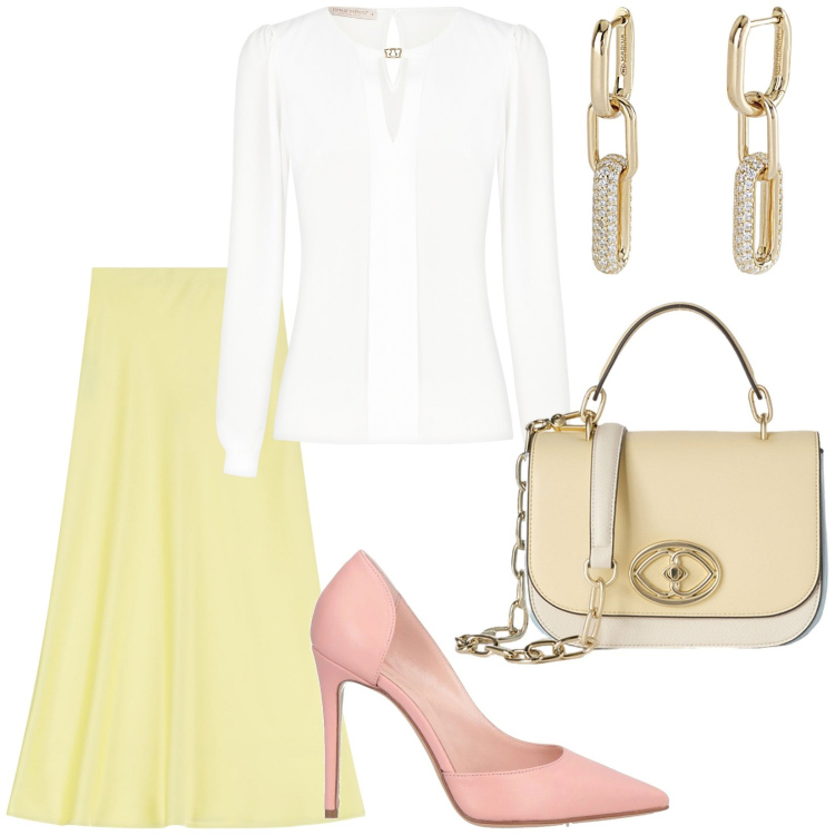 Outfit donna - Total look #2099020. Stile Bon Ton per Serata fuori. Abbinamento con décolleté, orecchini, bluse, gonne lunghe, borse a tracolla.