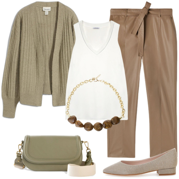 Outfit donna - Look low cost ed elegante. Stile Casual chic per Tutti i giorni. Abbinamento con borse a tracolla, cardigans, collane, top, ballerine, pantaloni.