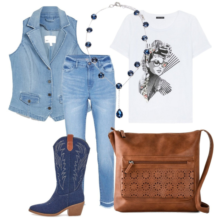 Outfit donna - Una collana particolare. Stile Boho per Tutti i giorni. Abbinamento con jeans, borse a tracolla, gilet, stivali, t-shirt, collane.