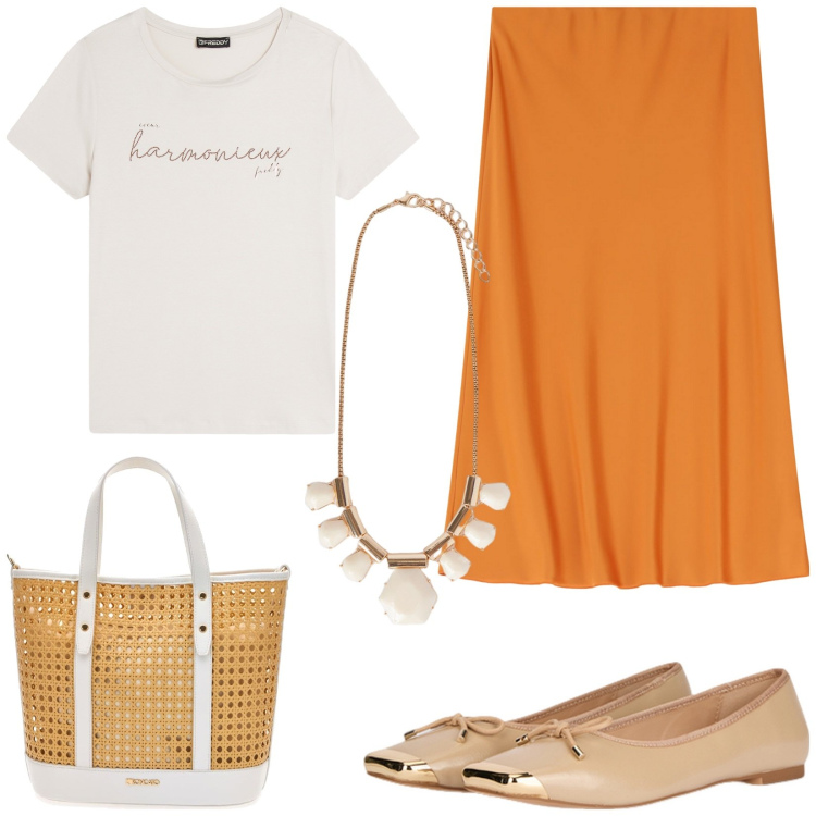 Outfit donna - City. Stile Casual per Tutti i giorni. Abbinamento con t-shirt, gonne longuette, ballerine, borse a spalla, collane.