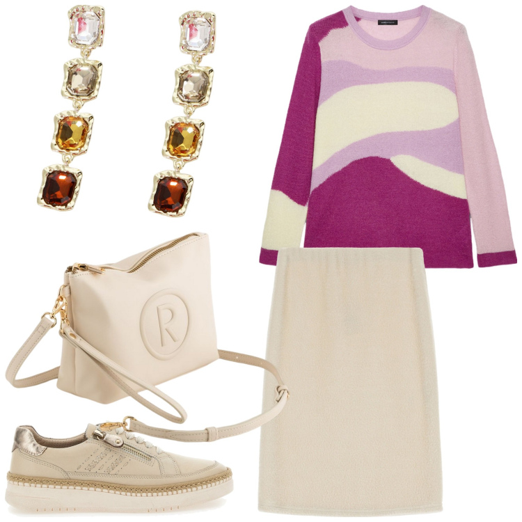 Outfit donna - Semplice. Stile Casual per Tutti i giorni. Abbinamento con orecchini, gonne longuette, scarpe stringate, valigie, maglieria.